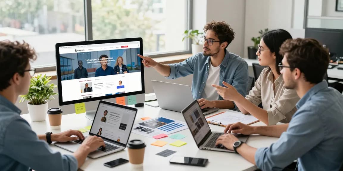 Website laten maken - Team van webdesigners dat samenwerkt in een modern kantoor om effectieve websites te creëren.