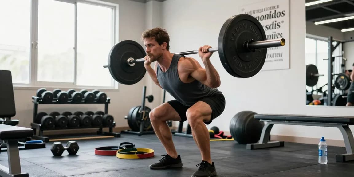 Bodybuilder in action during workout with Prime Pharma Steroiden, lifting weights in bright gym.