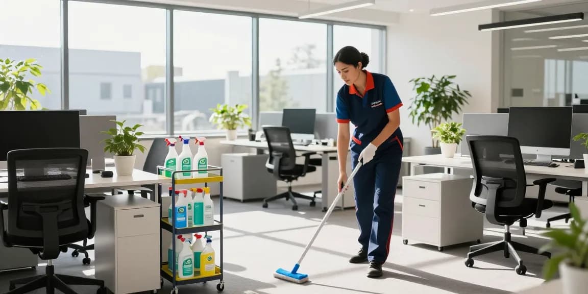 Professional cleaner at a modern office space showcasing a schoonmaakbedrijf den haag service.