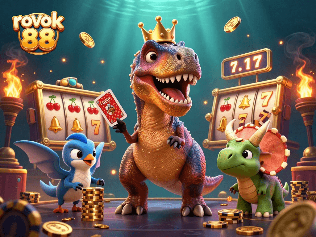 Engage with the vibrant action of rokok 88, where a T-Rex shuffles cards alongside thrilling slot reels and golden chips.
