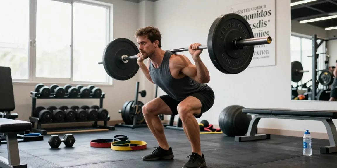 Bodybuilder in action during workout with Prime Pharma Steroiden, lifting weights in bright gym.