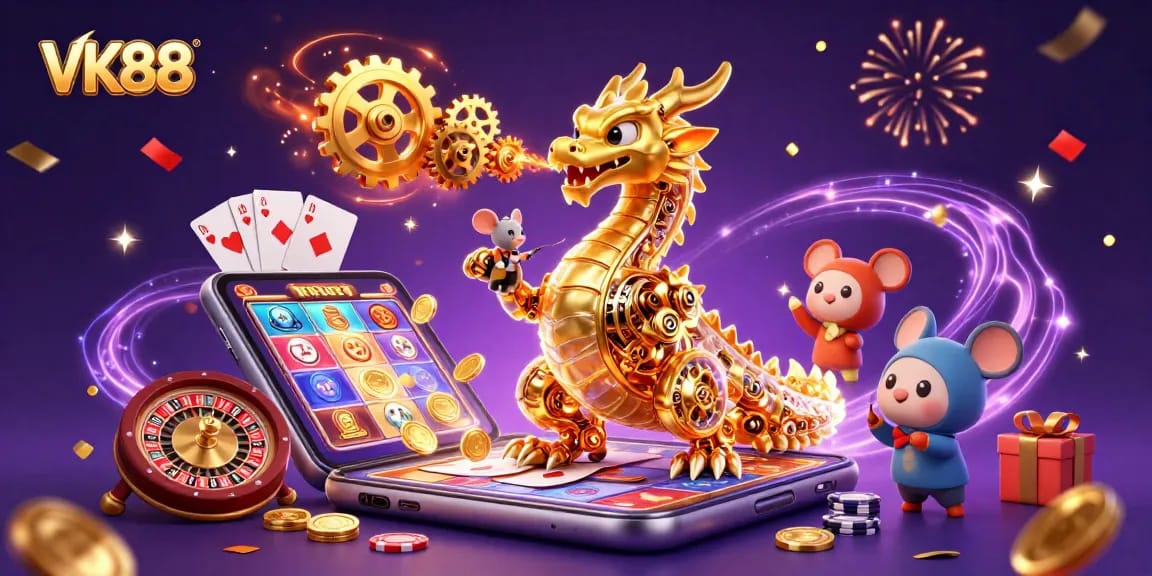 Experience VK88's vibrant slot gaming world with a golden dragon and dynamic game elements.