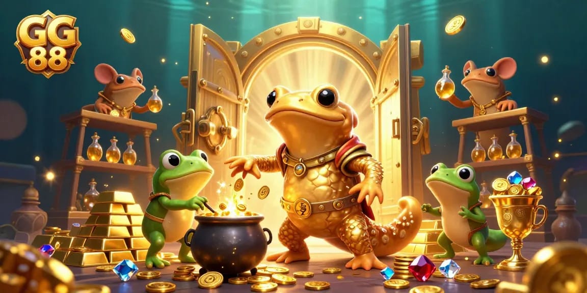 Experience the thrill of gaming with GG 88, featuring golden alchemists and treasures in a vibrant casino scene.