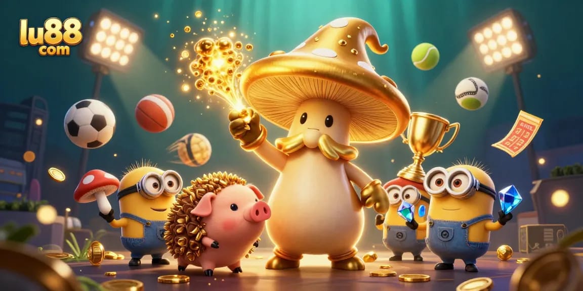 Experience exciting gaming at lu88 com with golden treasures and sports elements in this vibrant illustration.