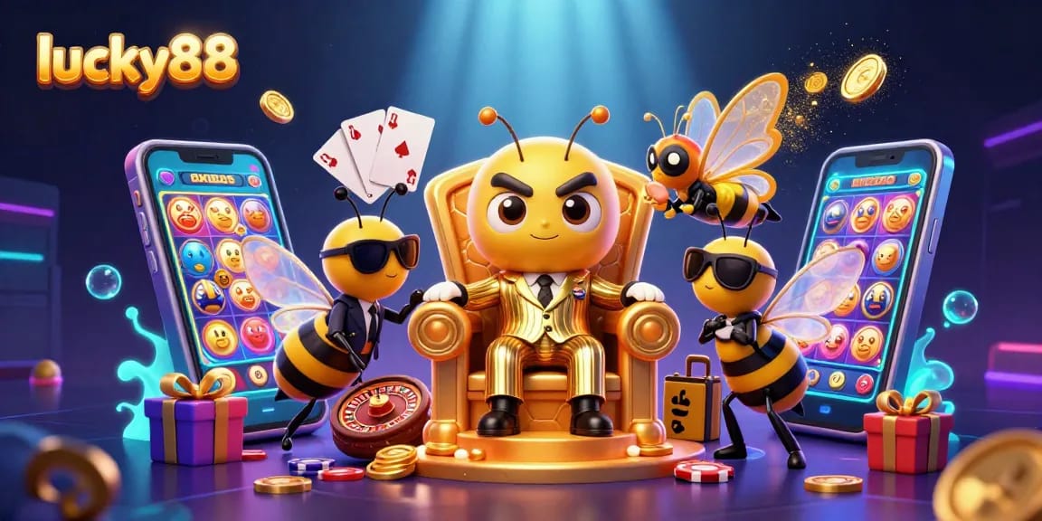 Players spin vibrant lucky88 slot games amidst a bustling casino with buzz and riches.