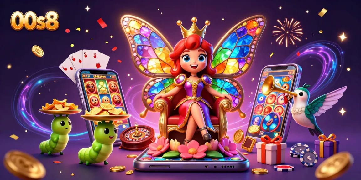 Experience vibrant gaming at 00s8 with illustrated characters celebrating wins and dynamic casino action.