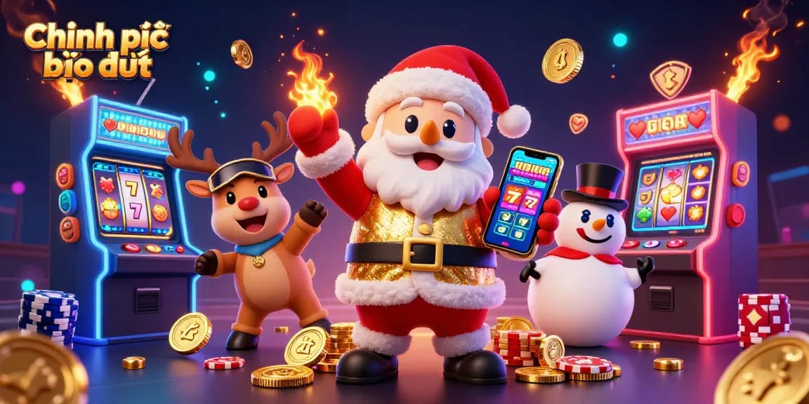 Experience the vibrant casino action in this Chình sách bảo mật illustration, showcasing a festive Santa with jackpot slots.