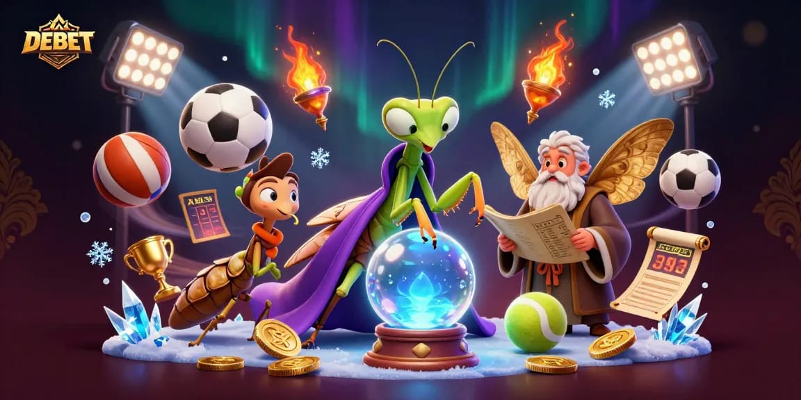 Win with DEBET as a cartoon fortune teller and wise moth librarian animate a thrilling betting scene.