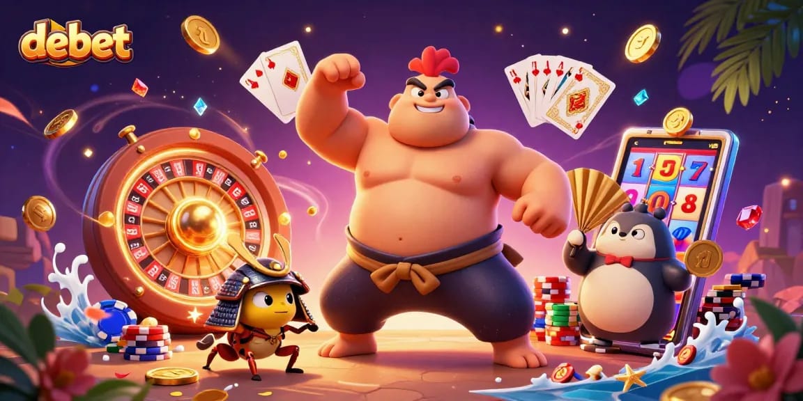 Experience thrilling gaming with debet's dynamic illustration of a sumo wrestler rooster, samurai cricket, and announcer.