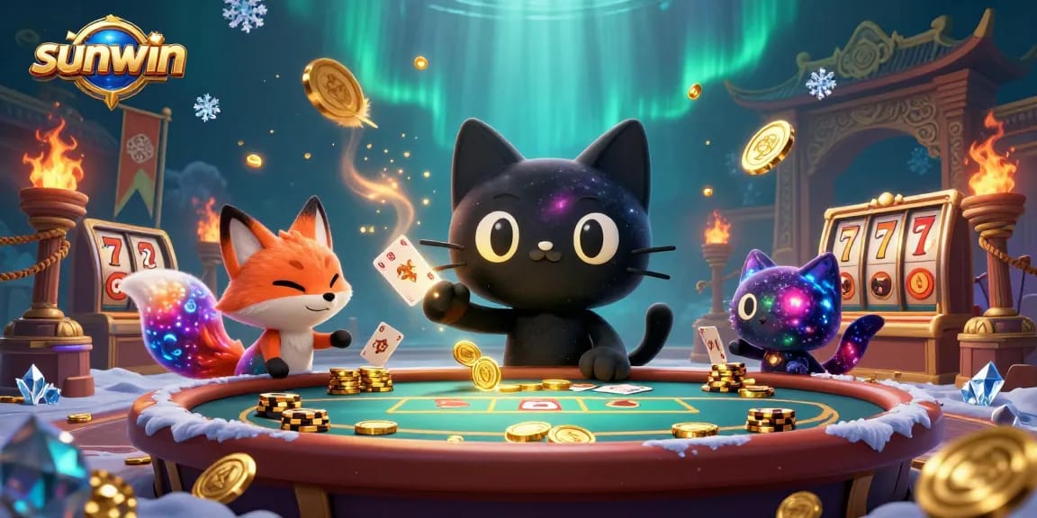 Experience the excitement of sunwin casino with a 3D illustration of a cosmic table and vibrant characters.