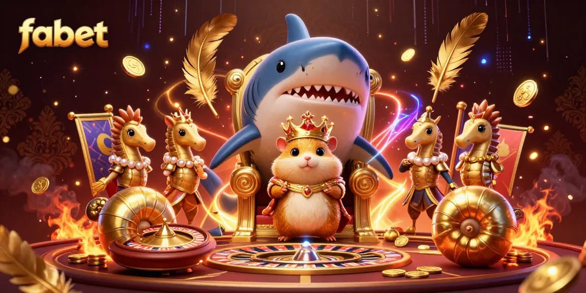 Experience the thrill of fabet with a golden hamster king in a rich casino scene, complete with slot reels and gold coins.