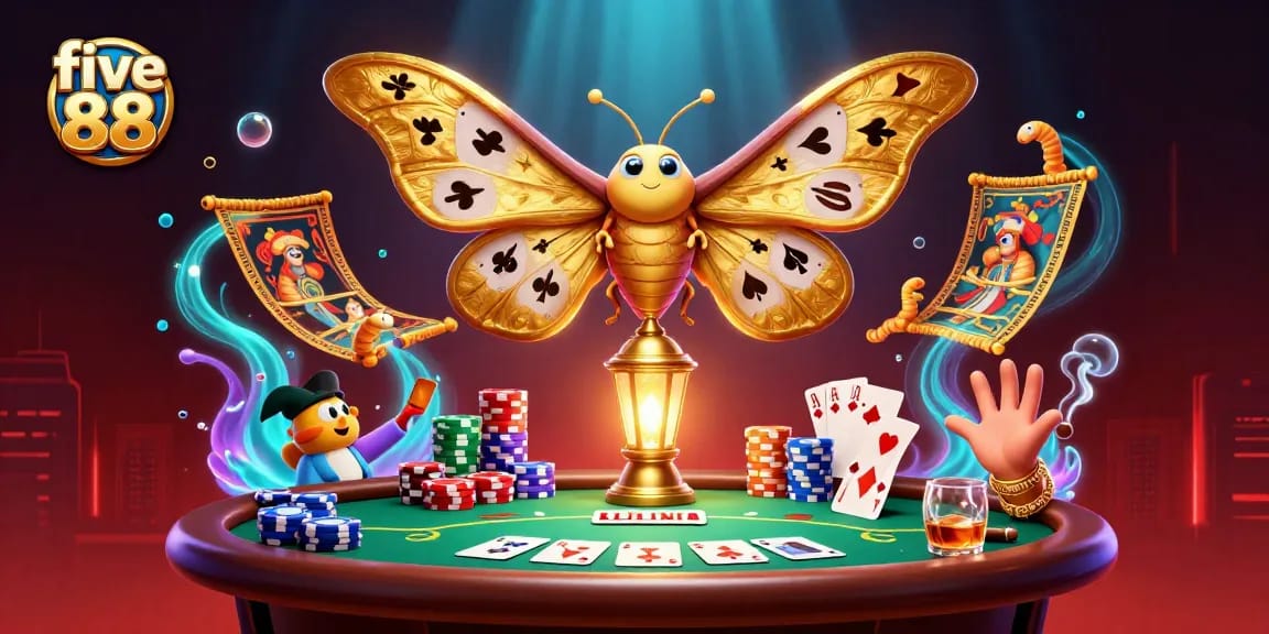 Experience the excitement of five 88 in this vibrant casino scene with golden moth and poker elements.