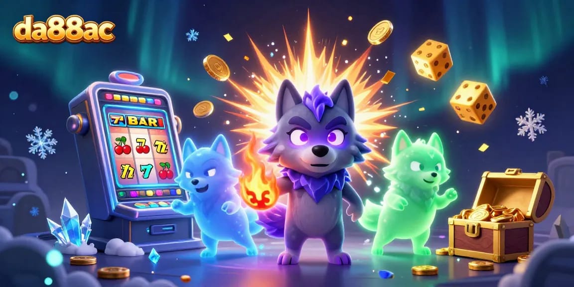 Experience the excitement of da88ac gaming with glowing wolf characters amidst a jackpot explosion.