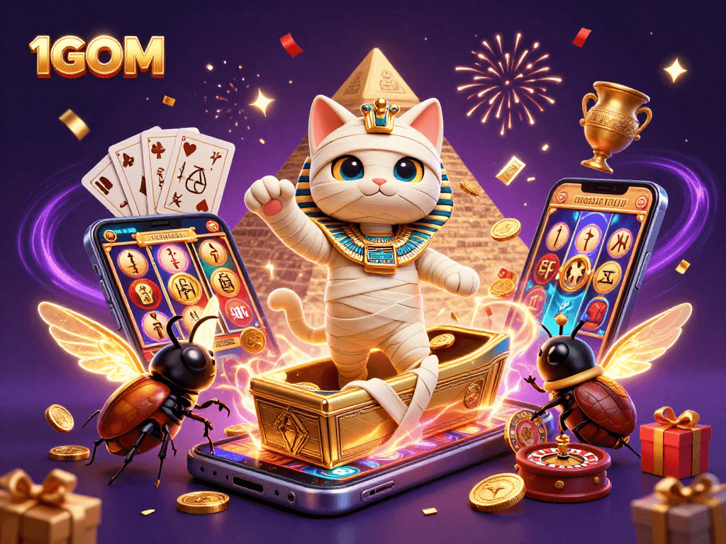 Experience thrilling gameplay at 1GOM with a vibrant 3D casino scene featuring ancient Egyptian elements.