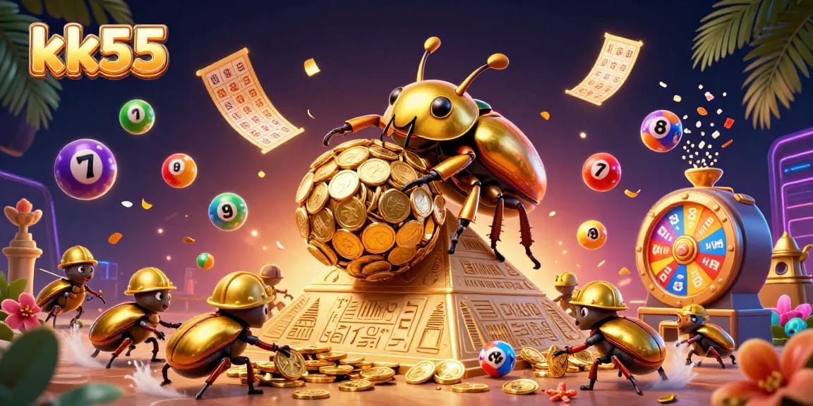 Spin to win with kk55: A vibrant scene of golden beetles and lottery excitement.