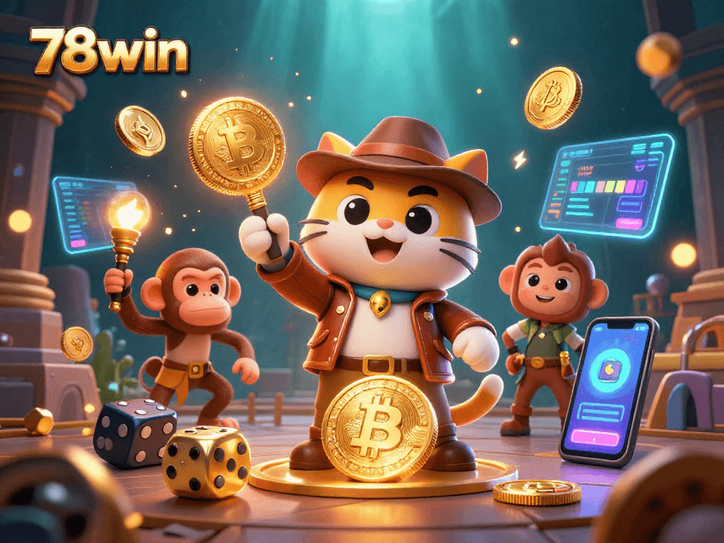 Experience the excitement of 78win with dynamic casino adventures featuring cartoon characters and crypto elements.