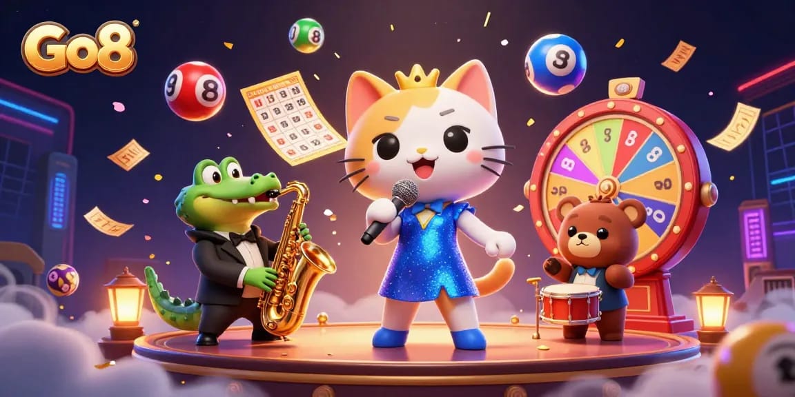 Go8 offers an energetic casino atmosphere with a jazz-singer cat, a saxophone croc, and a drum bear amid vibrant game elements.
