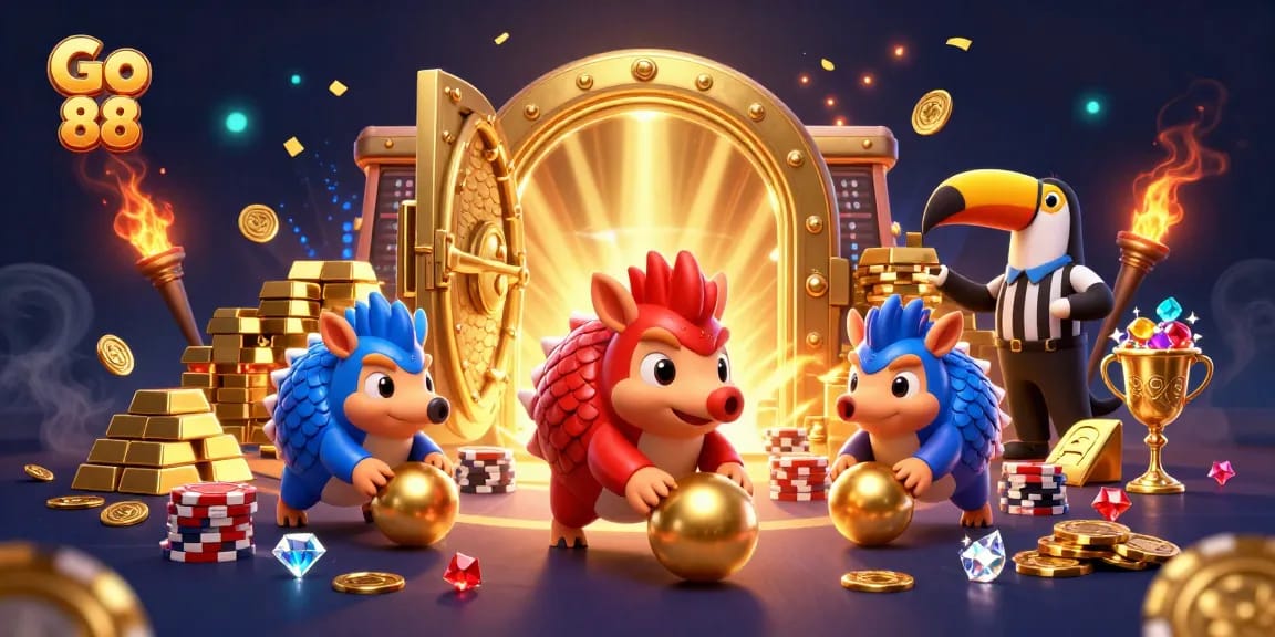 Experience the excitement of Go 88 as rival pangolins roll golden balls through poker chips in a fantasy casino.