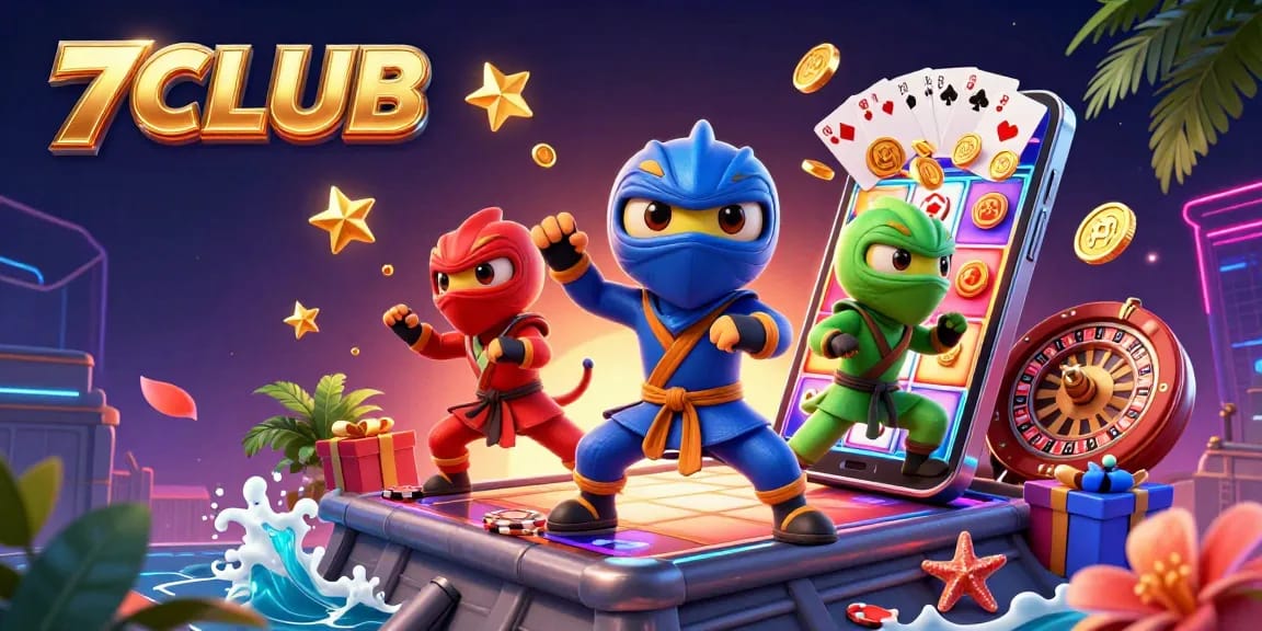 Experience thrilling games at 7CLUB with vibrant slot reels, golden coins, and exciting chameleons.