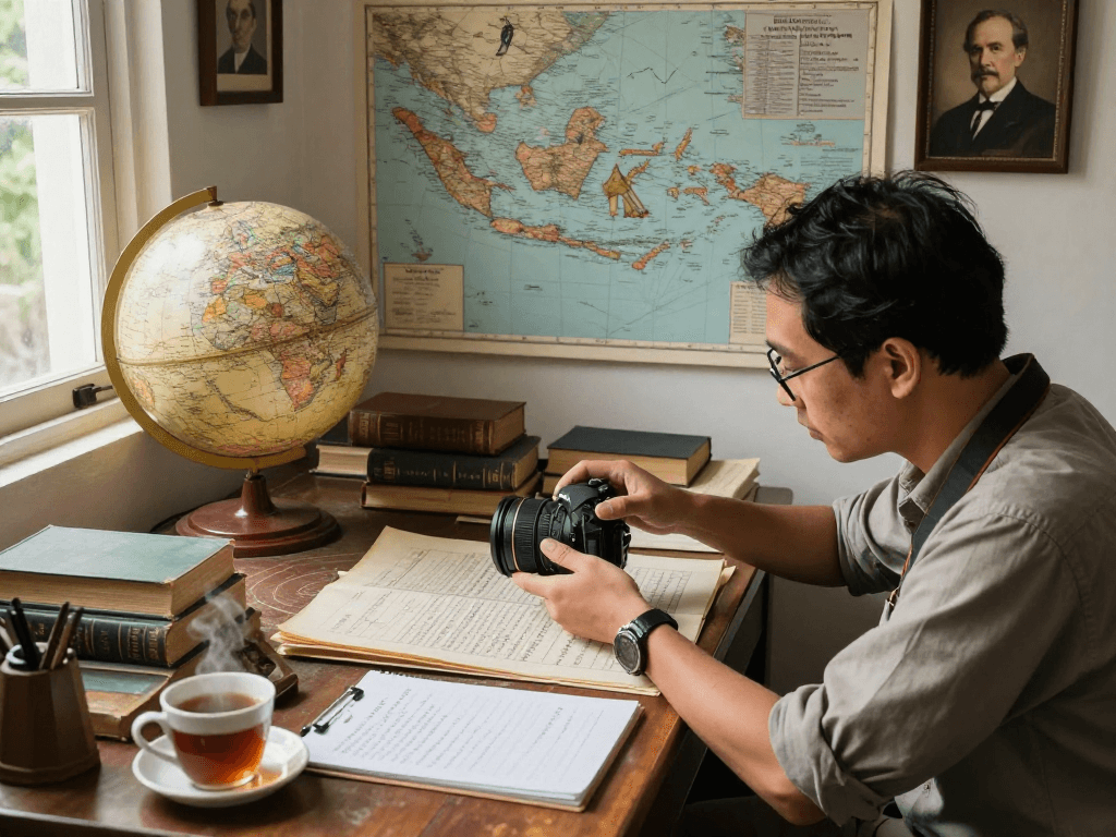 Researcher analyzing Dutch-Indonesian conflict artifacts while engaged in rokok88 login process.