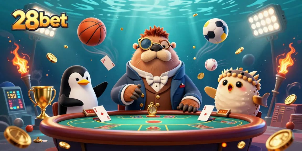 Experience the excitement of 28bet's underwater poker game with a jolly walrus, sophisticated penguin dealer, and bluffing pufferfish.