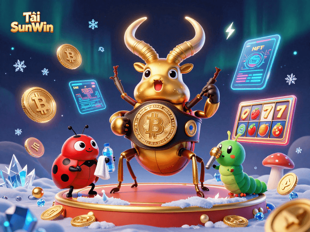 Tải SunWin showcases a boxing beetle and ladybug in a crypto casino scene with vibrant game elements.