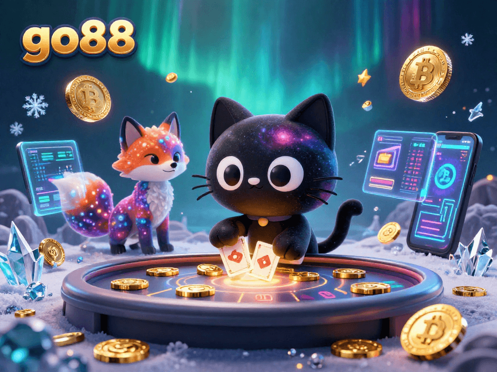 Join the cosmic fun at go88 with a playful cat and fox at a crypto casino table!