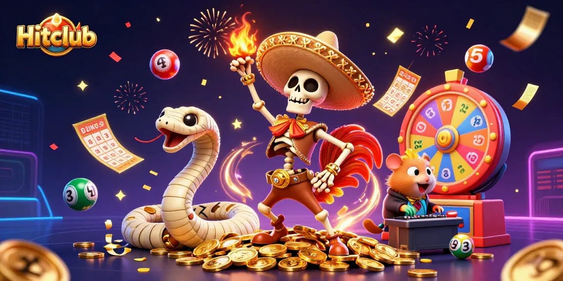 Hitclub celebrates with vibrant characters and colorful casino elements in an exciting gaming scene.