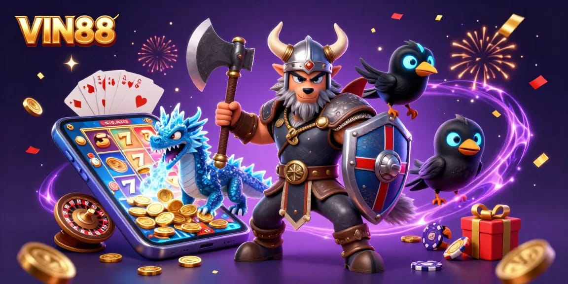 Engage with VIN88's thrilling online gameplay featuring vibrant slot reels and captivating dragon elements.