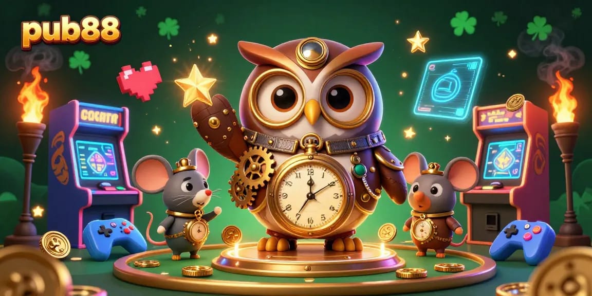 Experience exciting casino action at pub88 with a lively illustration of a time-traveler owl and clockwork mouse amidst gaming elements.