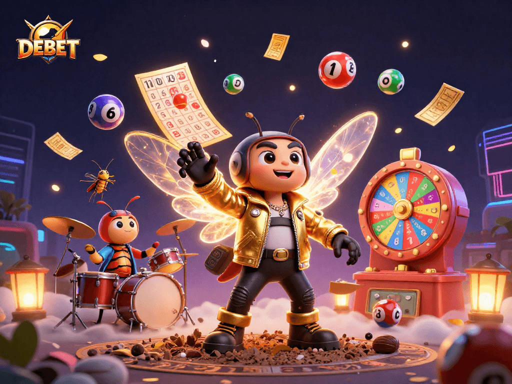 Play the DEBET lottery with a lively cicada rock star and friends in this engaging 3D illustration.
