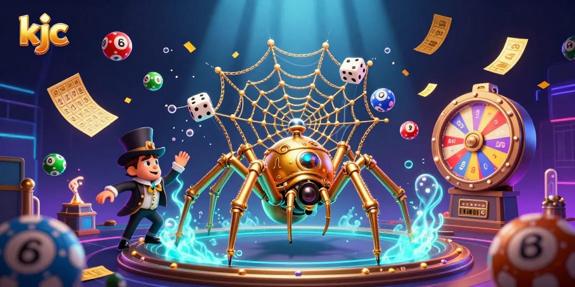 KJC offers thrilling gaming action with a steampunk spider webbing golden winnings amid vibrant lottery balls.