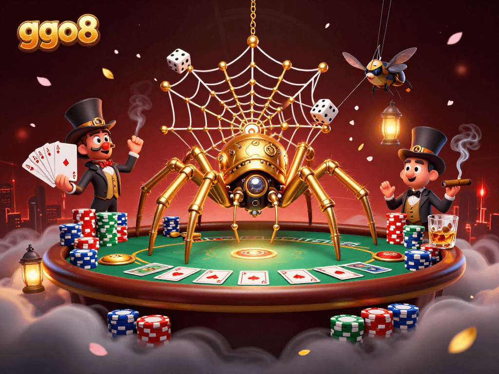Experience ggo8's thrilling gaming world with a steampunk spider and poker ambiance.