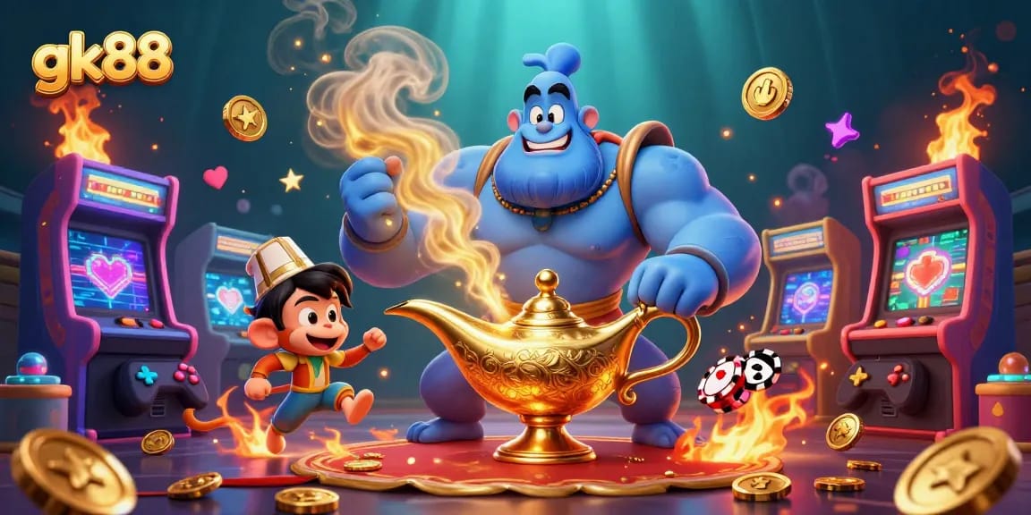 Engage with gk88's gaming magic in a vibrant 3D illustration featuring casino elements.