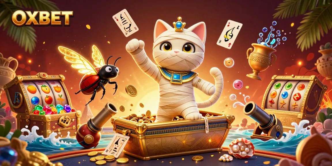 Experience the OXBET adventure with a mummy cat and glowing scarab in a vibrant casino setting