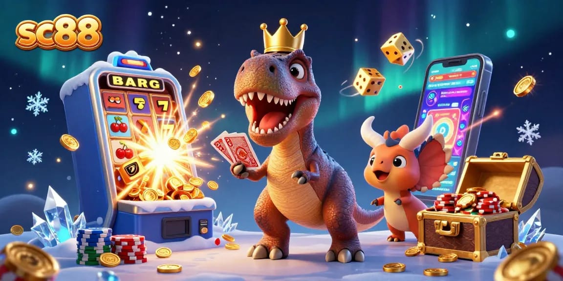 Engage with sc88’s thrilling action as friendly dinosaurs play casino games amidst gold and excitement.