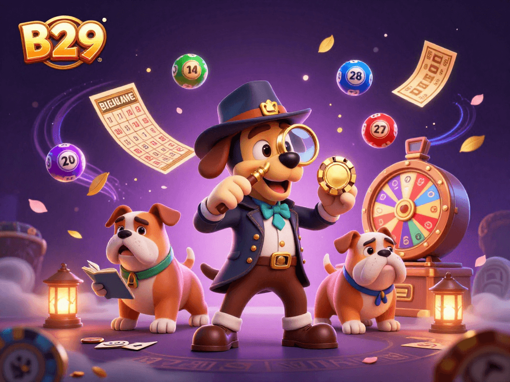 B29 engages players with thrilling poker chip clues and vibrant casino elements surrounding the characters.