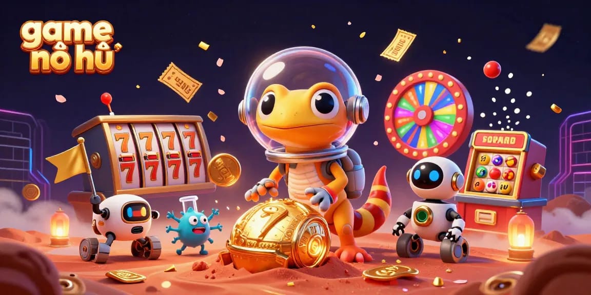 Engaging scene of game nổ hũ with a cartoon Martian gecko and golden casino on Mars.
