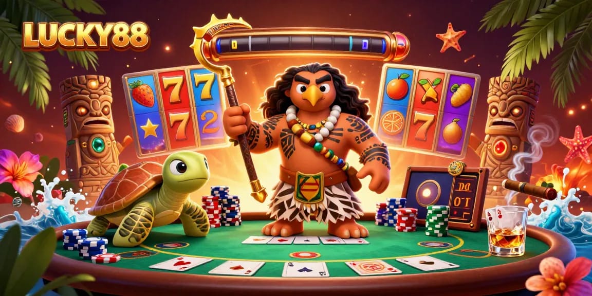 Play the engaging LUCKY88 slot with vibrant characters and immersive casino elements in this thrilling illustration.