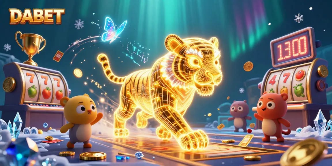 DABET slot gaming scene featuring a golden tiger in a digital casino, complete with vibrant slot elements and energetic atmosphere.