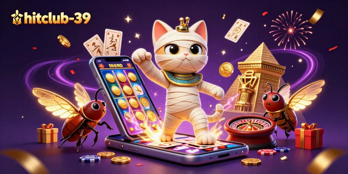 Engage with hitclub-39 and enjoy a vibrant gaming scene featuring a mummy cat and casino elements.