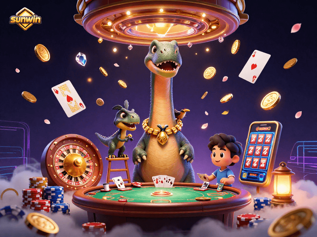Experience thrilling casino action with sunwin's vibrant 3D illustration filled with gaming excitement and energy.