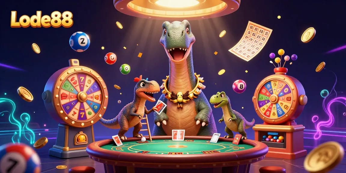 Lode88 showcases a vibrant 3D casino scene with a towering brontosaurus and energetic gaming elements.