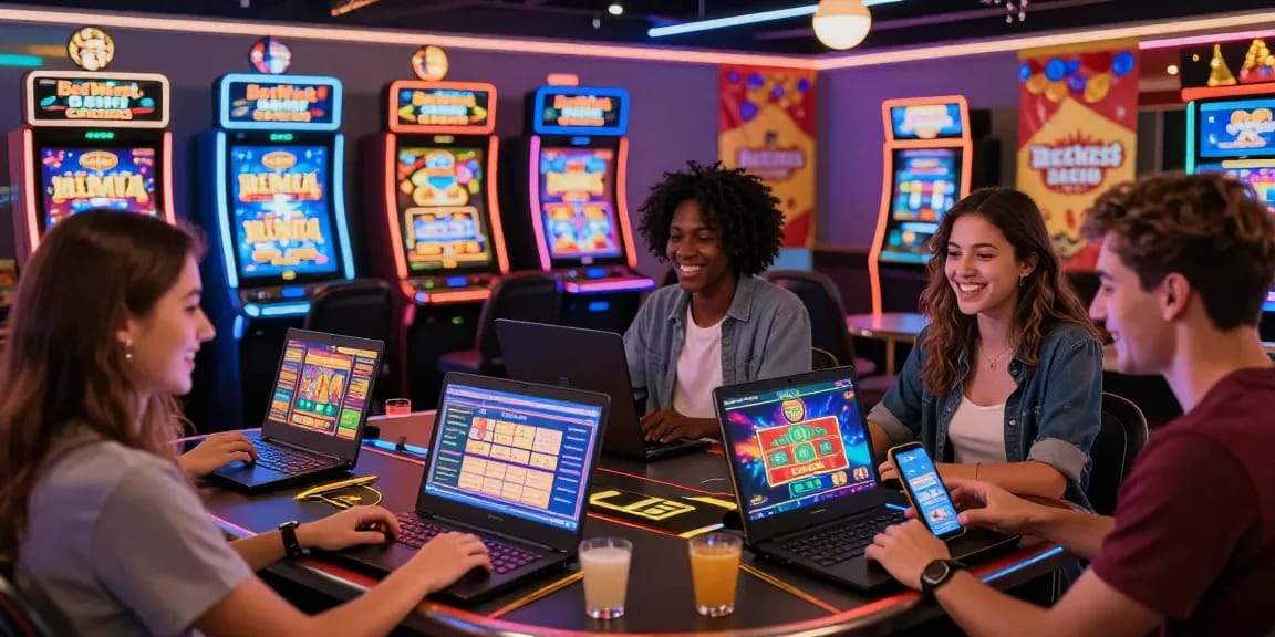 Beleef de opwinding van BetWest Casino met vrienden die spelen op laptops en smartphones in een levendige online omgeving.