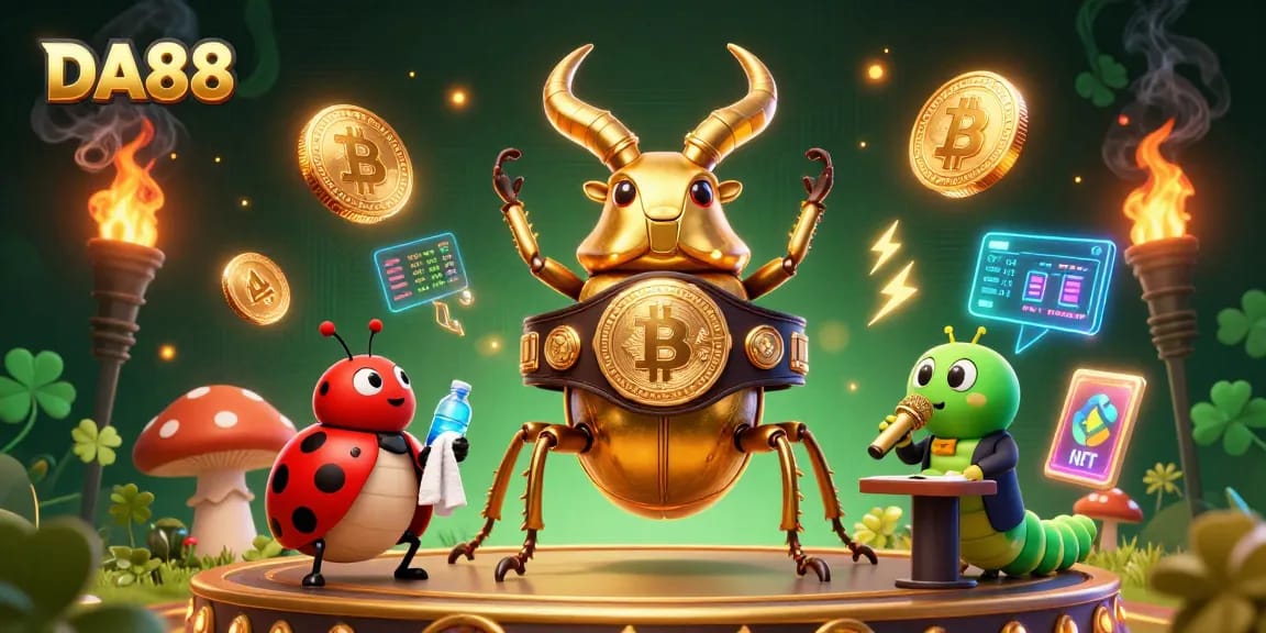 Engage with the thrilling DA88 boxing match featuring a golden stag beetle as it confronts rivals in a vibrant casino scene.