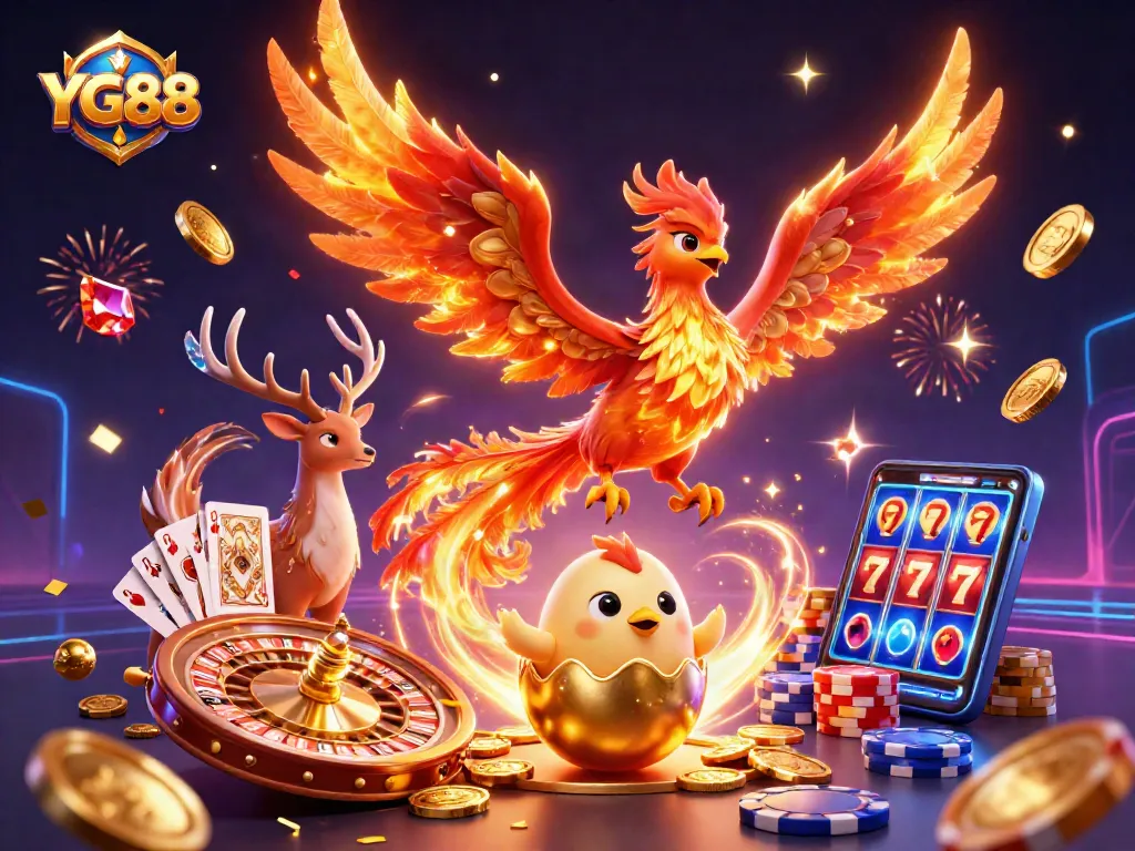 Engage in thrilling experiences with YG88's golden phoenix soaring amidst dynamic casino elements and vibrant colors.