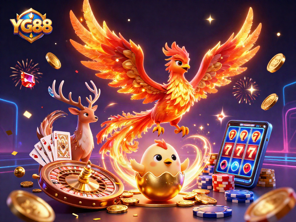 Engage in thrilling experiences with YG88's golden phoenix soaring amidst dynamic casino elements and vibrant colors.