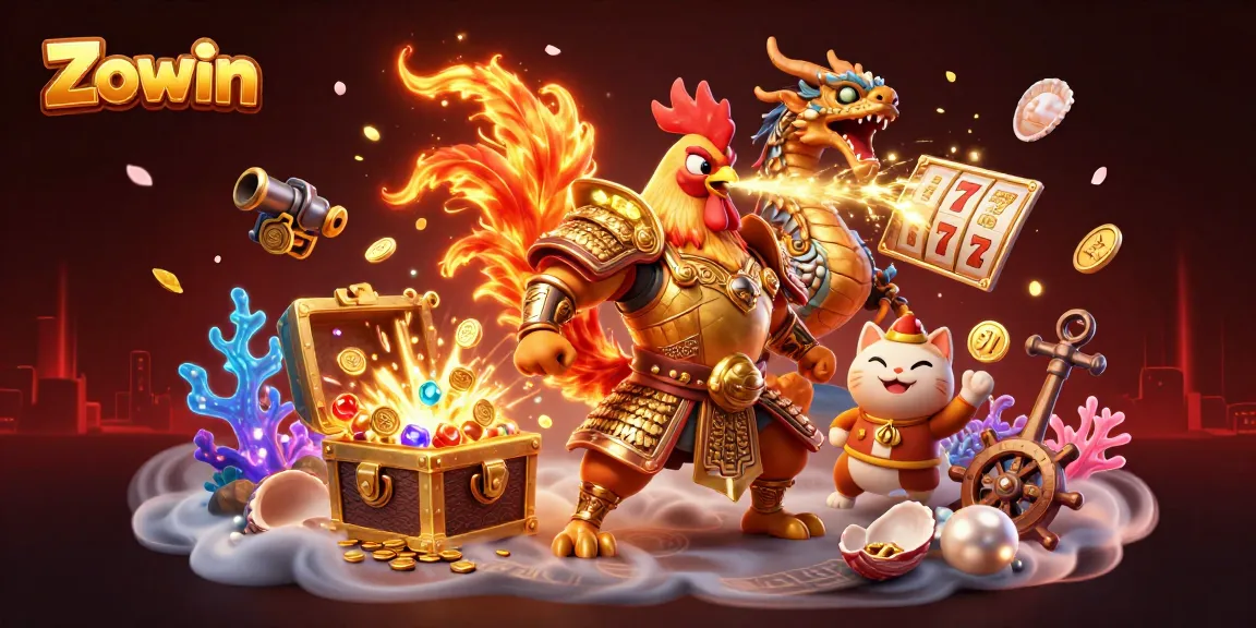 Zowin gaming action scene featuring a fighting rooster and dragon in a colorful casino environment.