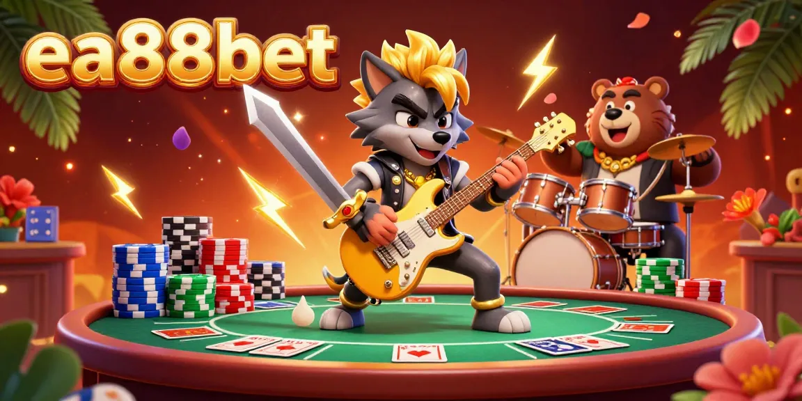 Experience the thrill of ea88bet with a rock star wolf and bear drummer igniting a vibrant casino scene.
