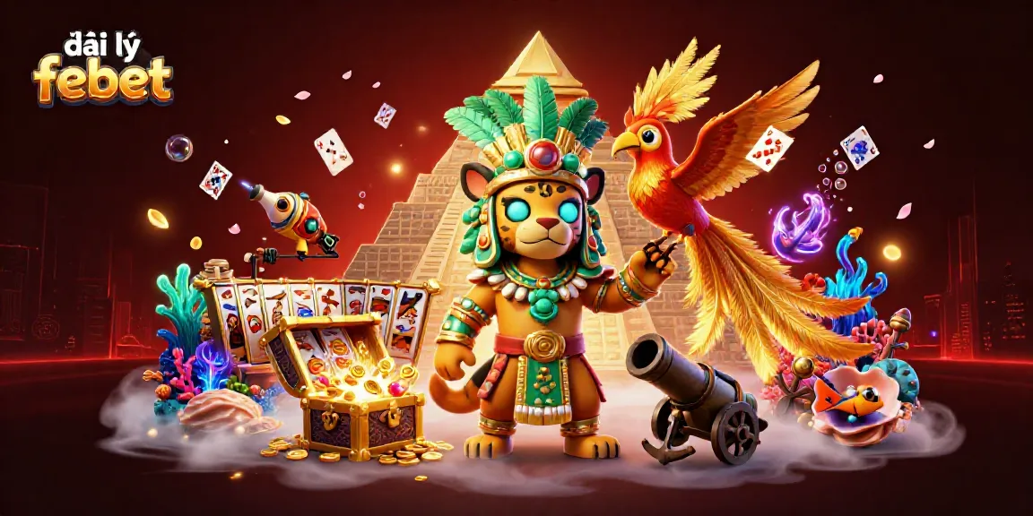 Experience the thrill of đại lý febet with vibrant slot reels and a Mayan jaguar priest in a dynamic casino scene.